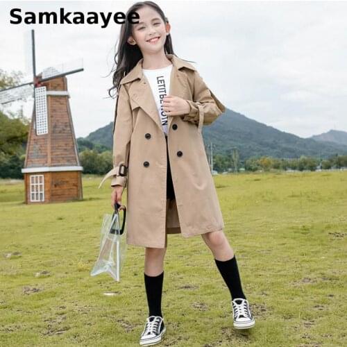 6-15y Girls Trench Spring Autumn Kids Long Jacket Belt Windbreaker Childrens Solid Coats Double-Breasted Outerwear Clothing y66