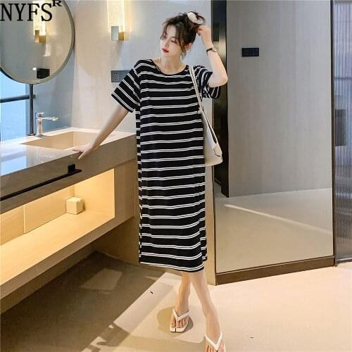 NYFS Summer Dress 2021 Korean New Stripe split Woman Dress Vestidos Robe Elbise Fashion Pure cotton cute Dresses