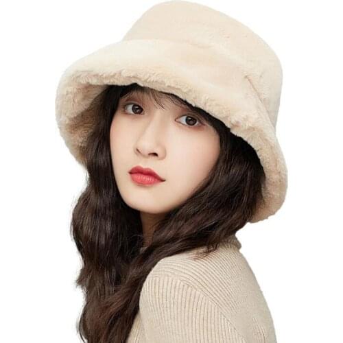 Winter Women Bucket Hat Fisherman Hat Plush Basin Hat wide brim casual fashion thick fur warm hat flat top wide brim hat
