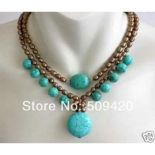 Free Shipping Genuine 2 rows brown pearl Turquoise pendant necklace