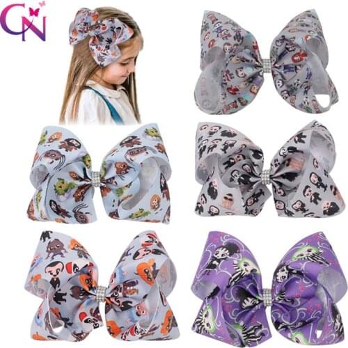 CN 7" Halloween Hair Bows With Clips For Girls Kids Skeleton Printed Hair Clips Hairgrips Festival Hair Accessories