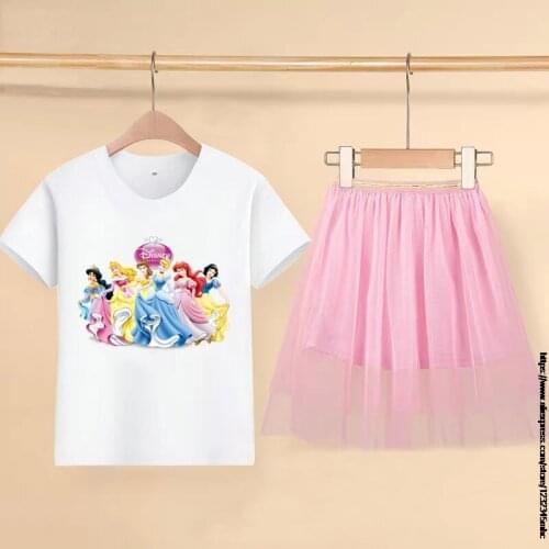 Disney Princess new fashion cartoon children suit skirt girls short-sleeved + skirt set For Girls Party