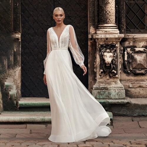 Long Sheer Sleeves V-Neck Tulle Wedding Dress Beach Seaside Princess Hollow Back A Line Lace 2021 Bridal Gowns Vestido De Noiva