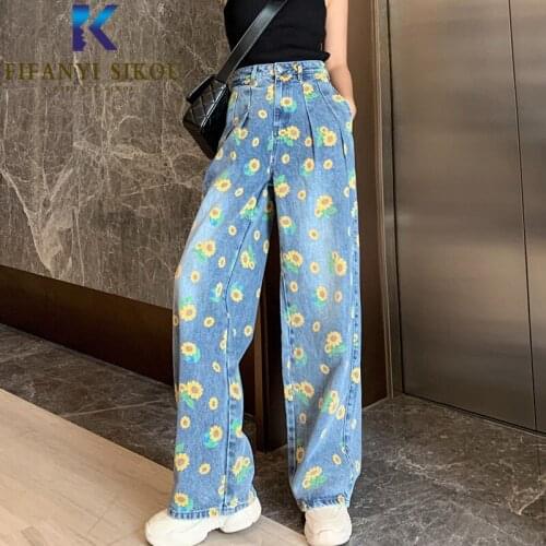 Flowers Print Jeans Women 2020 Spring Fashion High waist Jeans Loose Plus Size Denim Wide Leg Pants Long Trousers Lady Jeans
