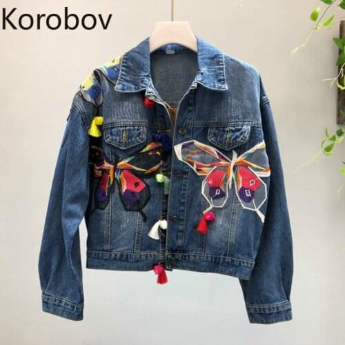 Korobov Korean Long Sleeve Short Bomer Jackets Harajuku Cartoon Bow Denim Jacket Korean Embroidery Pockets Crop Coats 79004