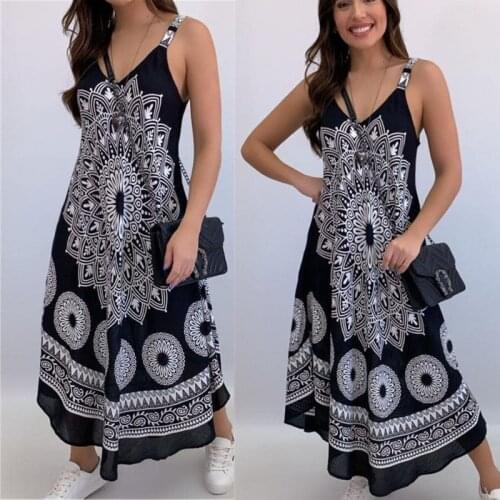 Summer Fashion Womens Loose Casual Summer Print Sling Sleeveless Dress Long Dress