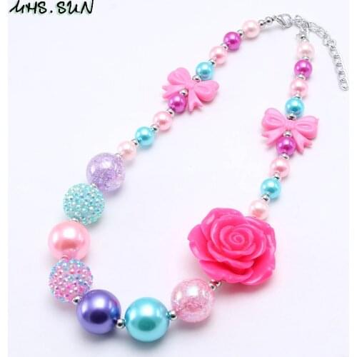 MHS.SUN New Colorful Girls Kids Rose Flower Chunky Beads Necklace With Cute Bow Baby Child Beaded Chunky Necklace Jewelry 1Pcs