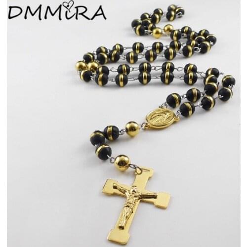 Fashion Cross Necklace Gold Stainless Steel Maria Cross Link Rosary 8mm Black White Beads Color Pendant Necklace Jewelry