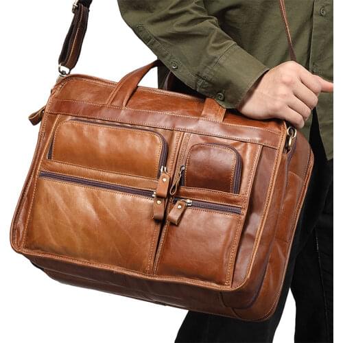 Men Genuine Leather Messenger Bags Male Brown Lrage Business Travel A4 Bag 14 Inch Laptop Bags Brand Mens Shoulder Bags Leather
