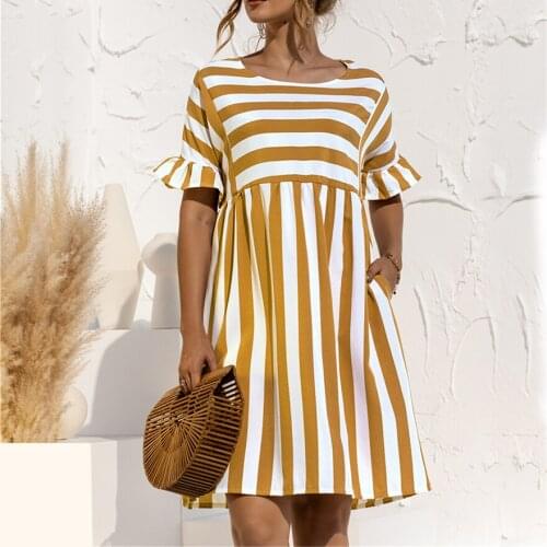2021 New Spring and Summer Sexy Womens Ruffle Short-Sleeved Striped Stitching Contrast Pocket Loose Dress Pregnant Beach O-Neck