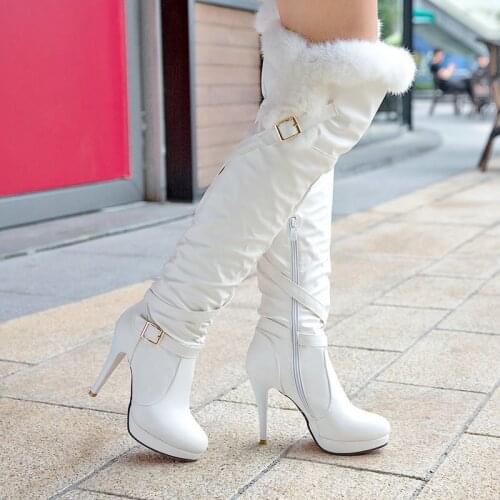 Autumn Winter Street Ladies Knee Boots Sexy Stiletto Belt Buckle Belt Zipper Round Toe Boots Ladies Waterproof Platform Shoes
