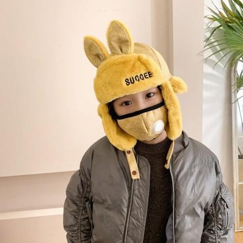 2-6 Years New Childrens Winter Warm Cartoon Rabbit Ear Lei Feng Cap Boys and Girls Kids Hat And Mask Set Ear Protection Gorras