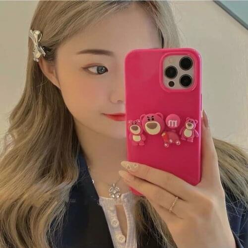 Red Strawberry Bear Phone Case For iPhone 12 11 Pro Max X XR XS MAX 6S 7 8 Plus SE 2020 Pink Butt Shockproof Silicone Back Cover