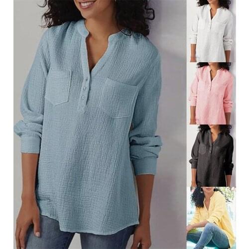 Loose Plus Size Shirts V-neck Pocket Solid Colour Linen Women Shirt Hot Sale Streetwear Casual Elegant Long-sleeve Female Shirts