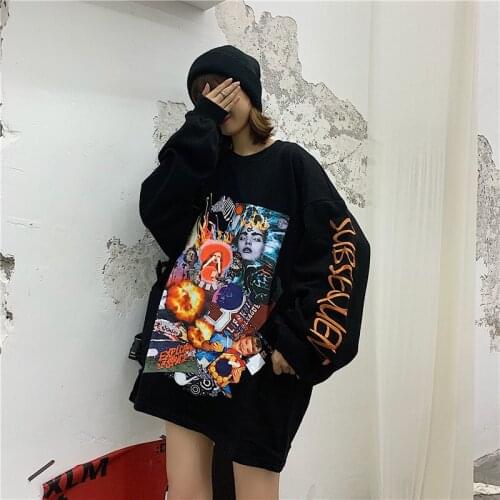 Thin sweatshirt women cloth harajuku style poster graffiti print female sweatshirt autumn streetwear loose long sleeve pullover