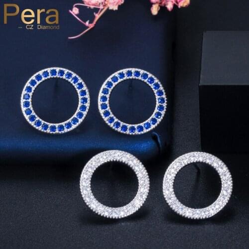 Pera Korean Delicate Mirco Pave Bule White CZ Crystal Daily Simple Cute Round Shape Stud Earrings for Women Gift E415