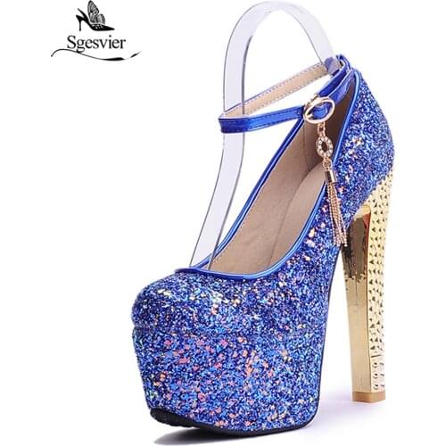 Sgesvier Bling Bling Wedding Shoes Thick High Heel Round Toe Sequins Pumps Sexy Stiletto Heels Platform Party Shoes Woman B525