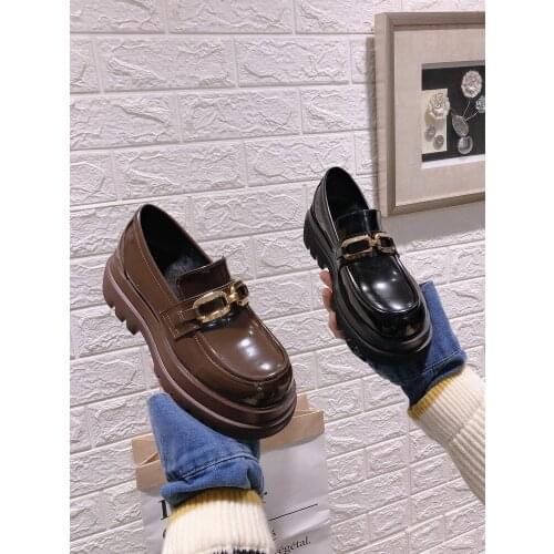 2021 spring and autumn new womens all-match thick-soled increased single shoes British metal buckle small leather shoes