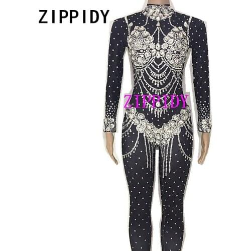 2 Color Glisten Rhinestones Stretch Jumpsuit Womens Birthday Party Nightclub Female Singer Dance Wear Sexy Big Stones Bodysuit