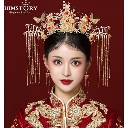 HIMSTORY Classic Chinese Phoenix Hair Crown Wedding Butterfly Designs Tassel Headpiece Women Headdress Accessories