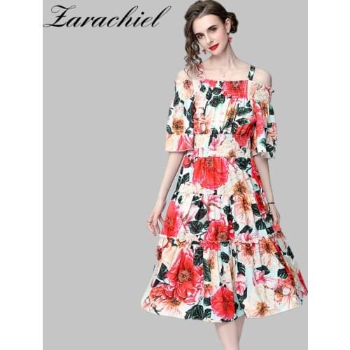 2021 Summer Fashion Runway Bohemian Dress Women Flare Sleeve Spaghetti Strap Red Floral Printed Tiered Holiday Elegant Dresses