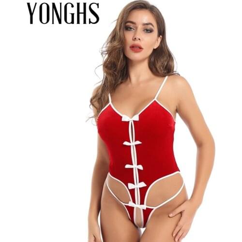 Womens Erotic Lingerie Bodysuit Velvet Sex Christmas CostumeFront Bowknots Back Lace Up Crotchless Leotard Bodysuit Nightwear