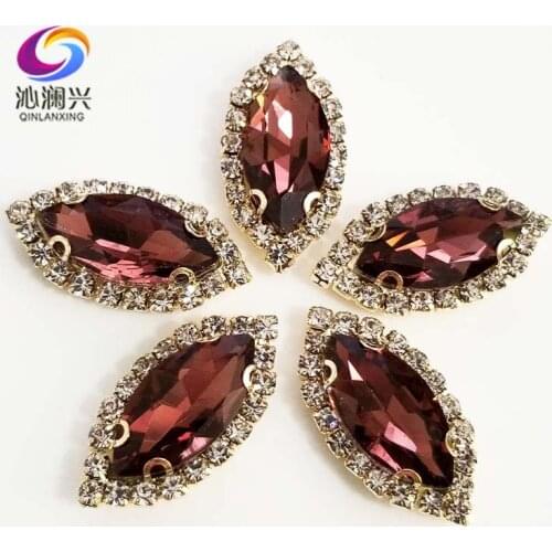 Gold bottom Wine red Top grade Glass Crystal buckle, eye shape sew on rhinestones with holes,Diy/jewelry accessories SWEKG18