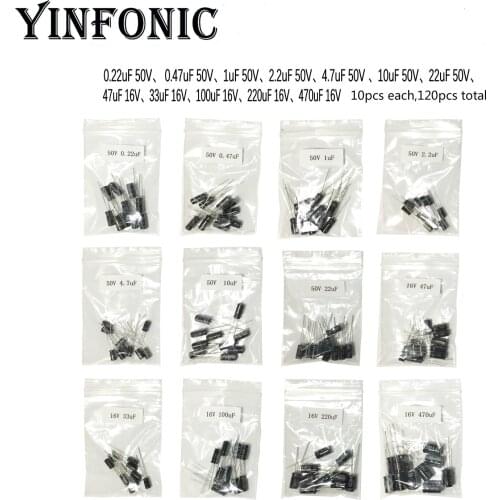 12 values x10pcs 0.22uF-470uF Commonly used electrolytic capacitors kit 16V/50V 0.22/0.47/1/2.2/4.7/10/22/47/33/100/220/470 uF