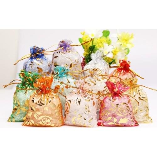 50pcs Bronzing Roses Organza Drawstring Bags Jewelry Gift packing Bags 7x9 9x12 11x16 13x18 cm Wedding Packaging Bags