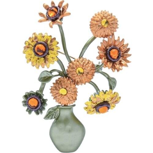 Antique Gold Sunflower Pot Pendant Brooch Pin Oil Painting Style Accessories 2020 New Design Jewelry For Women Handmade