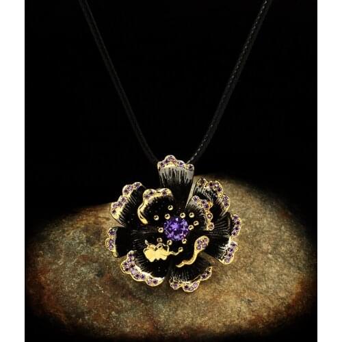 CHARLINLIOL Exaggerated Charms Big Flower Pedant Necklace for Women 925 Sterling Silver Vintage Amethyst Choker Custom Jewelry