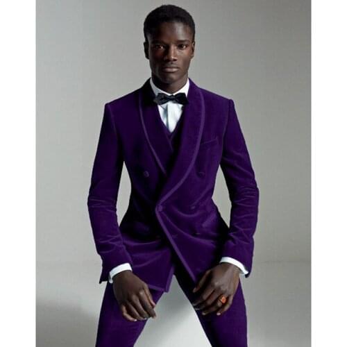 Elegant Purple Men Suit Slim Fit Best Man Groom Groomsmen Tuxedo Casual Velvet Prom Wedding Suits (Jacket+Pants+Vest)