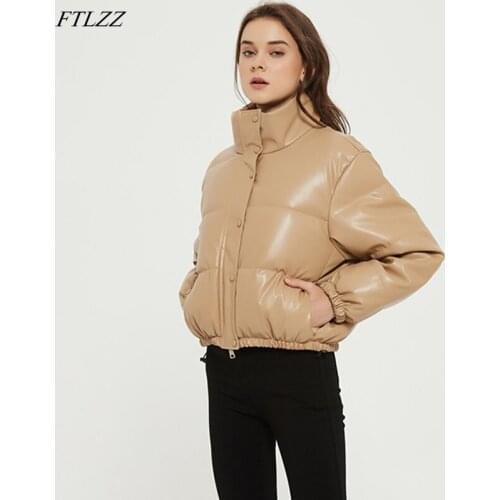 FTLZZ Winter Women Elegant Faux Leather Parkas Jacket Vintage Stand Collar Button Zipper Jacket Casual Thick Solid Padded Coat