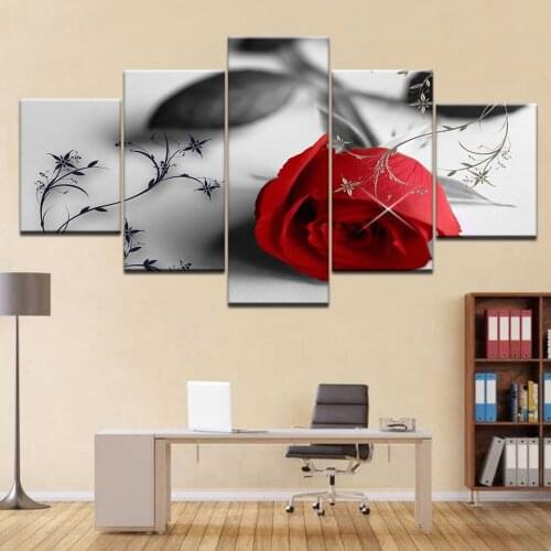 Paintings On Canvas Home Decor Living Room Wall Art 5 Pieces Red Rose Flowers Photo Impressions Modular Stone Petal Poster Frame