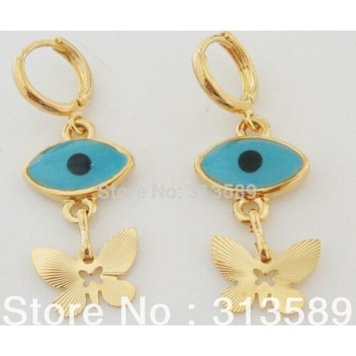 YELLOW GOLD OVERLAY FILL BRASS EVIL EYE 1.5" WITH BUTTERFLY CHARM EARRING/GREAT GIFT