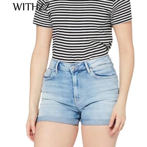 WITHZZ Summer Jeans Womens Fashion Mid-waist Elasticity Casual Straight Denim Shorts