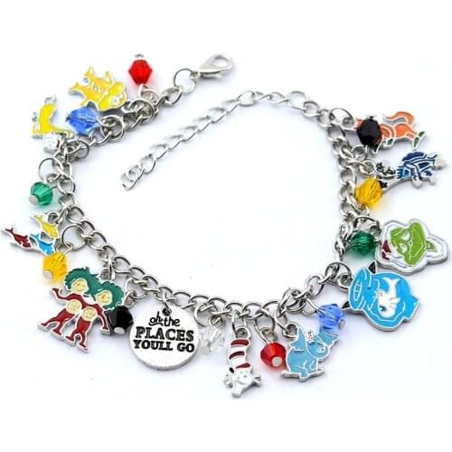 Dr Seuss Metal Novelty Charm Bracelet Adjustable Bracelet with Crystal Beads For Christmas Gift Cute Jewelry