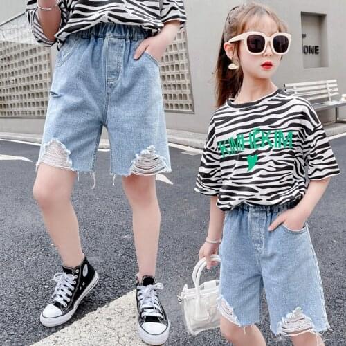 Fashion Teen Girls Ripped Shorts With Hole New Arrivals Summer High Waist Cotton Destroy Denim Half Pants School Kids 5-14Years