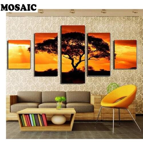 Special Shaped 5pcs Diamond Painting DIY 5D round/square Drill Cross Stitch Kits Handmade Diamond Painting Sunset tree wall art