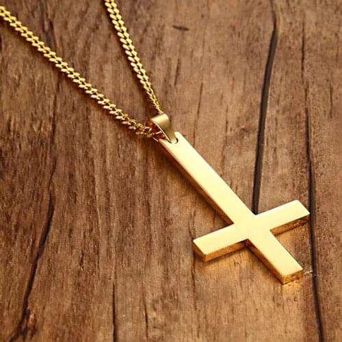 Hot new arrival Religious jewelry stylish 35MM stainless steel Inverted cross pendant with chain top quality men bijoux