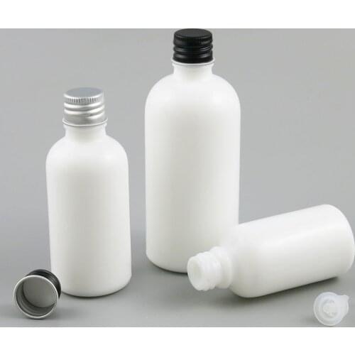 New Design!! 30ml 50ml 100ml Refillable Natural White Glass Bottle white Silver Black Aluminium Cap 1oz Whtie Drop Bottle 12pcs