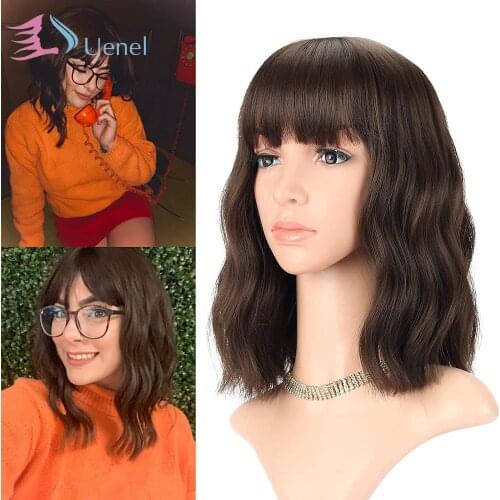 Uenel Short Brown Wigs With Bangs Shoulder Length Wig For Women Curly Wavy Synthetic Cosplay Wig for Girl Costume Wigs 12"