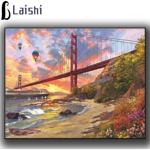 Full round Diamond Diamond Painting Hot air ball Sunset bridge scenery Embroidery Cross Stitch Rhinestone Mosaic Painting Decor