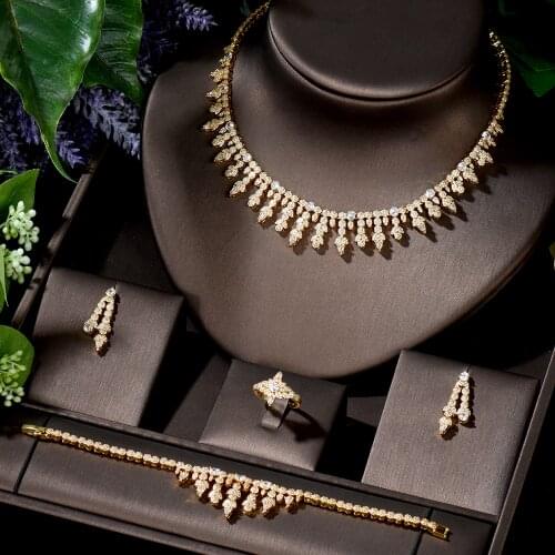 HIBRIDE Luxury Cubic Zirconia African Indian Gold Color Necklace Earrings Bracelet Ring Full Wedding Bridal Jewelry Sets N-1411