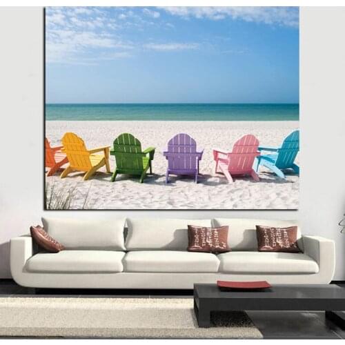 Crystal Ocean and Blue Sky Seascape Canvas Painting Beach Chair Print on Canvas Pop Art Picture Wall Painting for Living Room