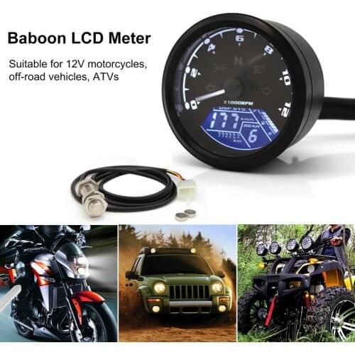 Modified Gauge LED Oil Meter Baboon Instrument Speedometer LCD Screen Speedometer Tachometer Odometer for 12V Motorcycles