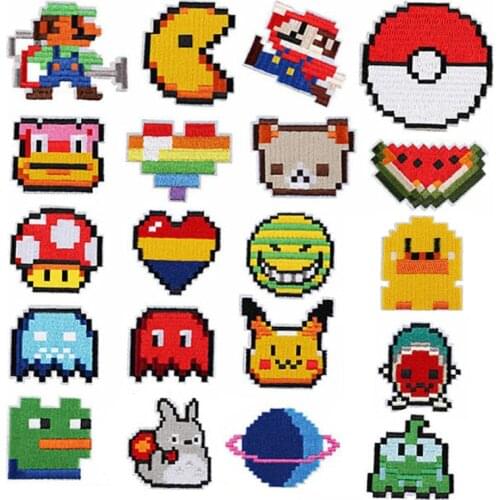 Bulk Mosaic Embroidered Patches Iron on Transfers for Clothing Fabric Japan Anime Pixel Thermal Applique Needlework Stickers
