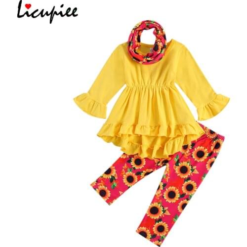 Baby Girl Top, Floral Pants Suit, Round Neck Ruffle Long Sleeve Shirt, Warm Wide Leg Neckerchief 3-piece Fall Clothes 1-6 Years