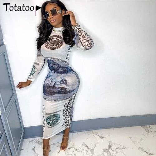 Totatoop Money Print Mesh See Through Sexy Party Dress Women Skinny Autumn Bodycon Maxi Dress Slim Turtleneck Long Sleeve Robe