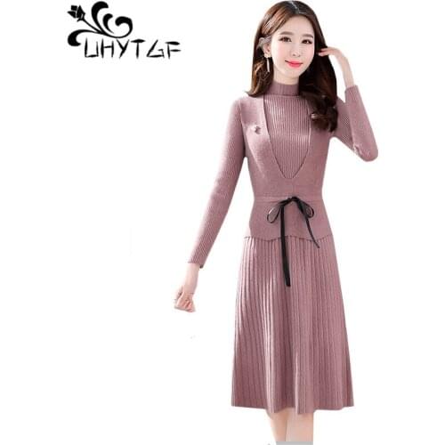 UHYTGF Sweater dress knitted autumn winter 2 piece set elegant sweater dress women long sleeve pullover sweaters set Female 1215